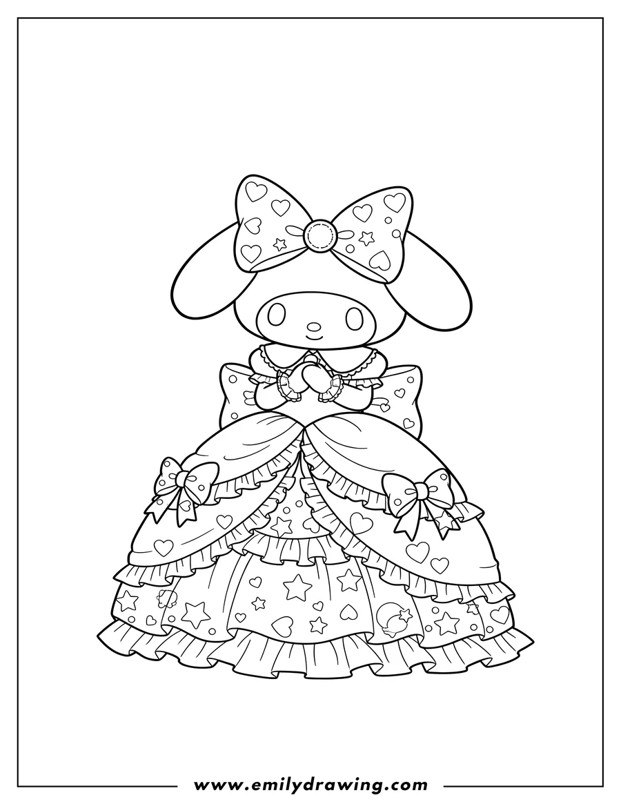 PDF style coloring page: cute My Melody Ball Gown with a large patterned bow on her head and hands clasped