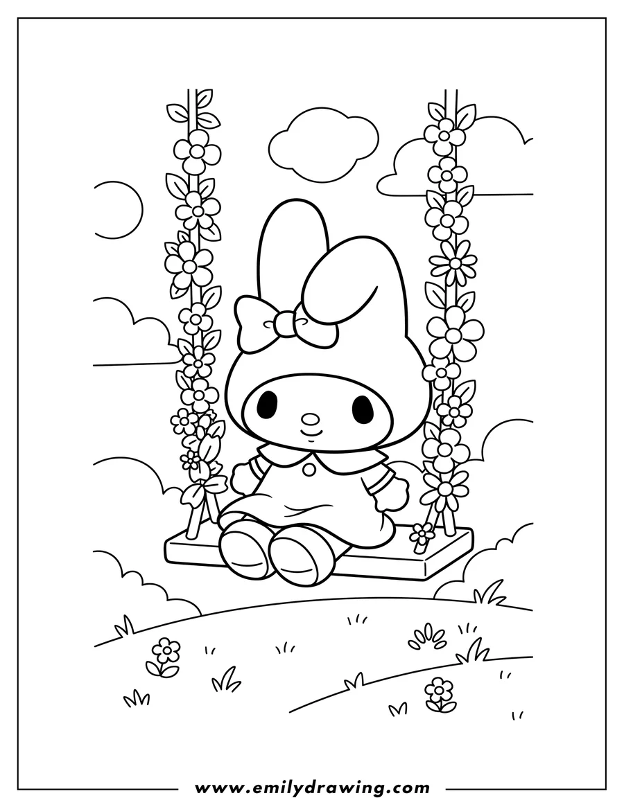 Doodle style coloring picture of my Melody On Swing Preschoolers, with flower-decorated ropes