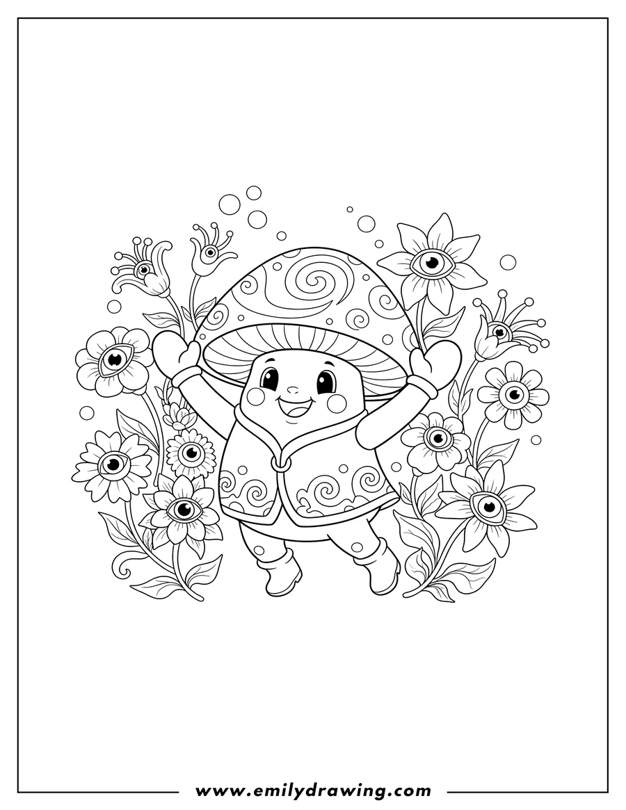 Vector style outline of mystical mushroom creature dancing with raised arms among flowers with eyes