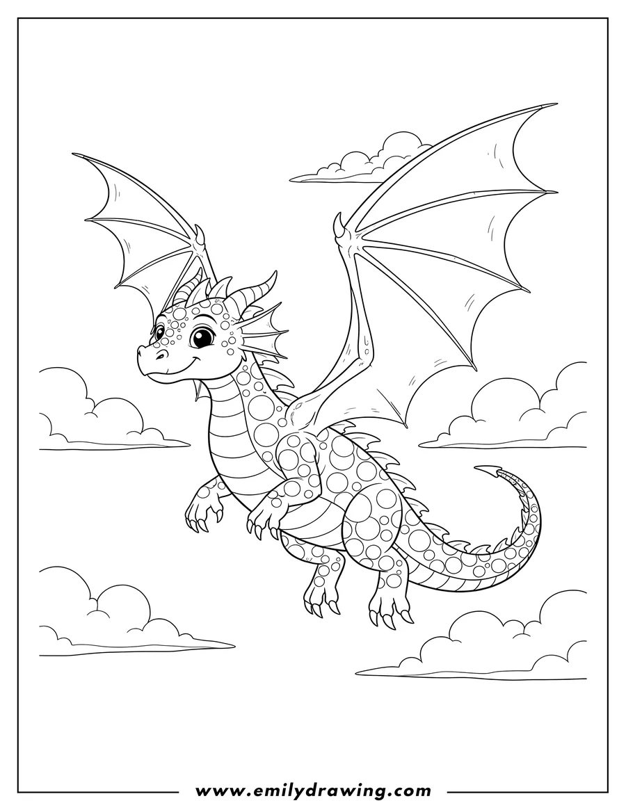 Black and white line art of mythical Dragon Flying with Wings Spread, featuring detailed scales