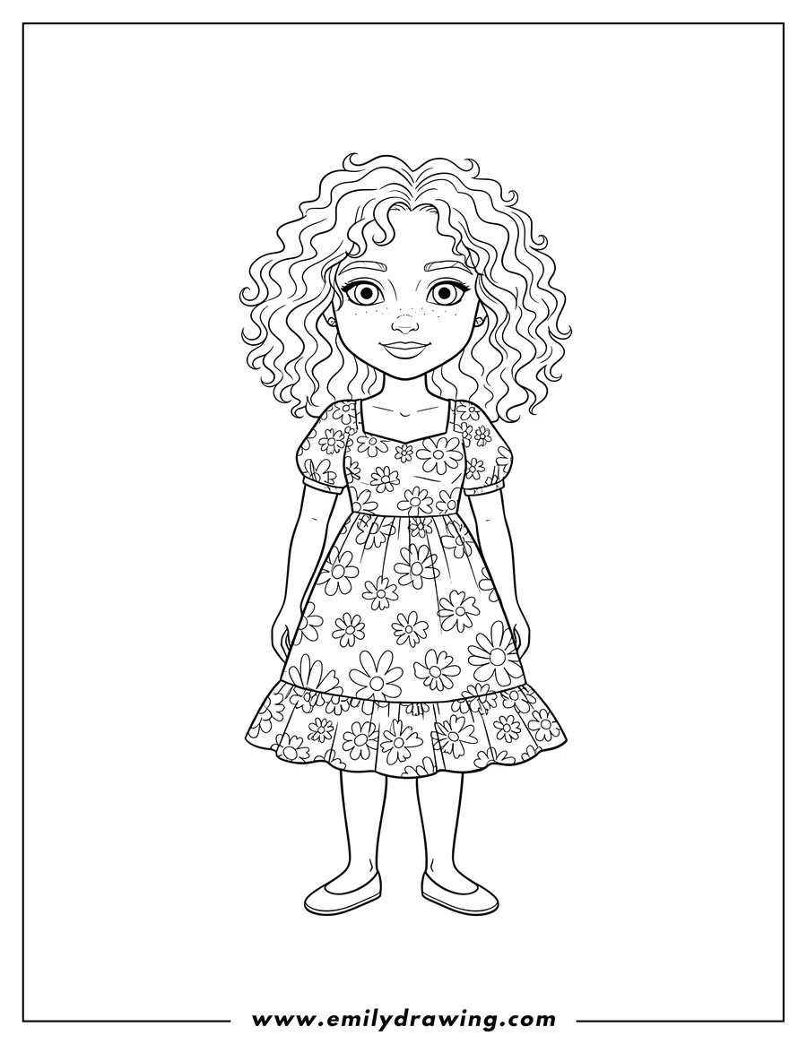 Downloadable coloring page of nancy Wheeler Scaled, with curly hair, standing in a patterned dress, looking forward