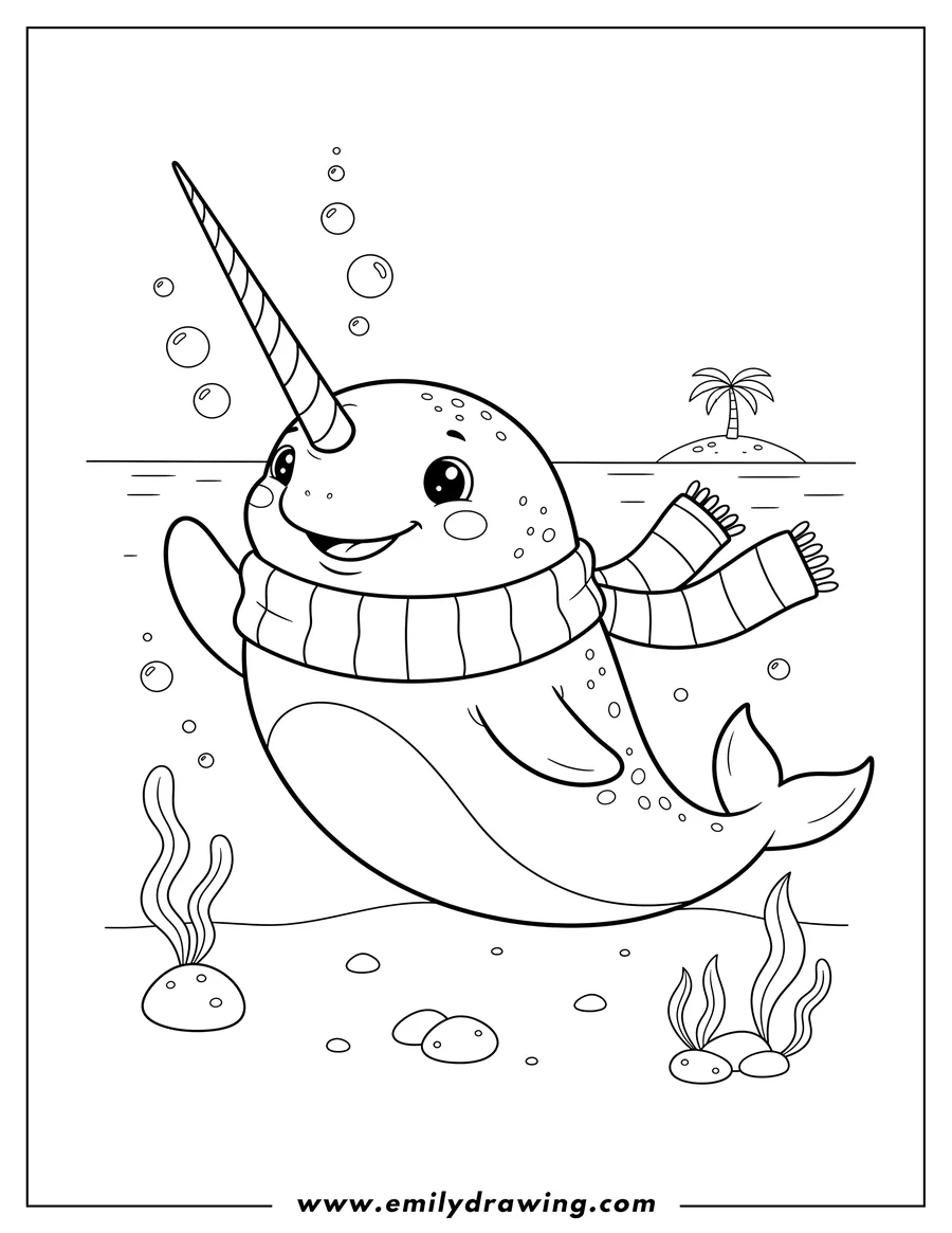 Downloadable coloring page of cute narwhal wearing a striped scarf, waving