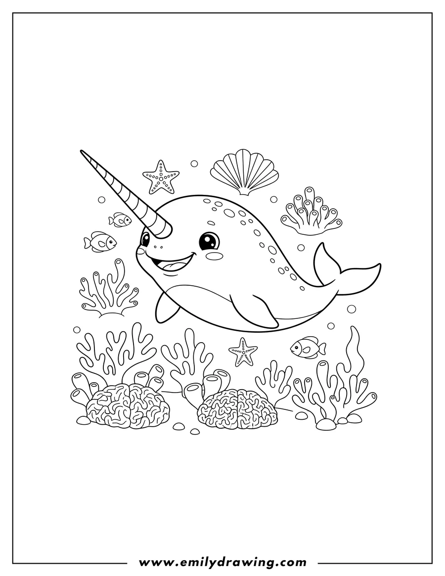 Coloring page of cute Narwhal with a striped tusk and smiling face swimming in a coral reef