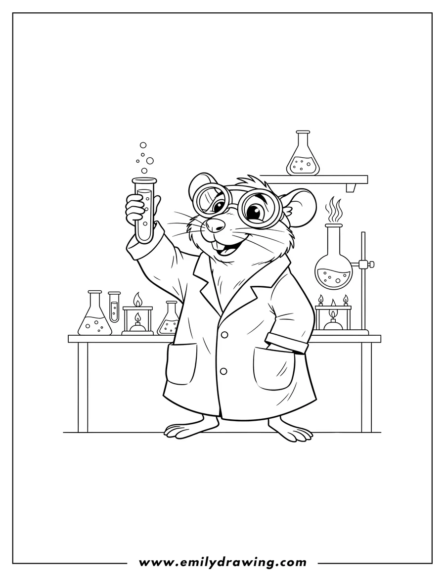 Outline drawing of nerdy Rat Wearing Goggles and Lab Coat Smiling Holding Test Tube Up Science Lab