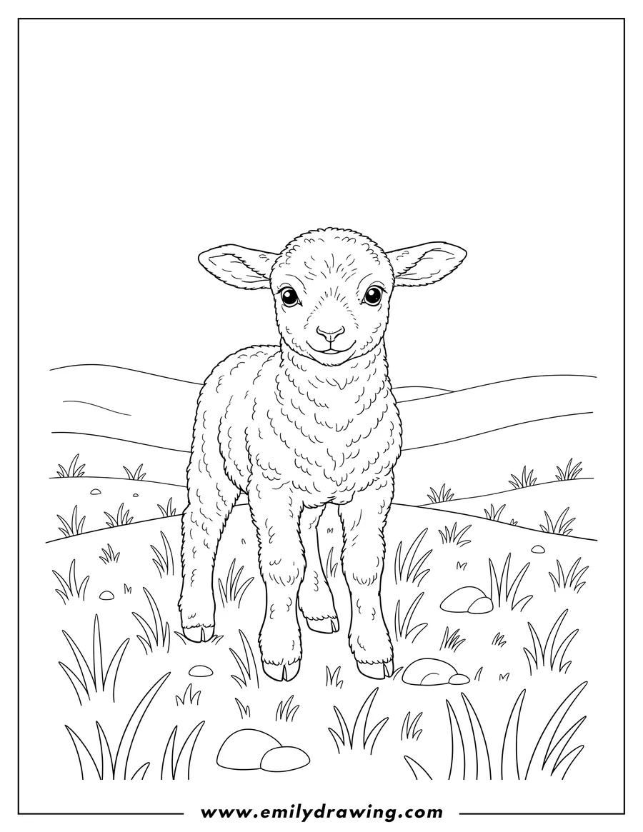 Clean line drawing: [Scene]: New Born Lamb Standing in a Field, looking forward with ears perked