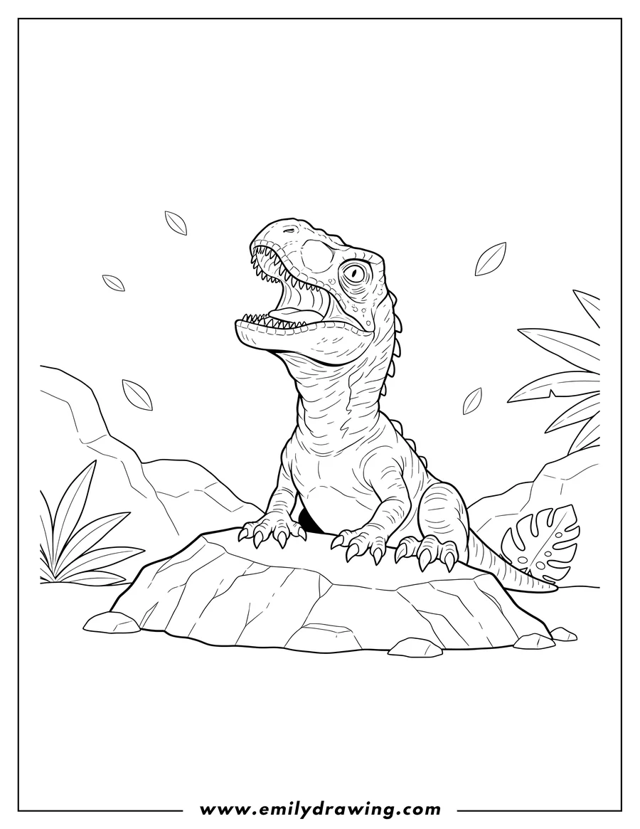 Outline drawing of newborn Indominus Rex Sitting On Rock, looking up with its mouth open