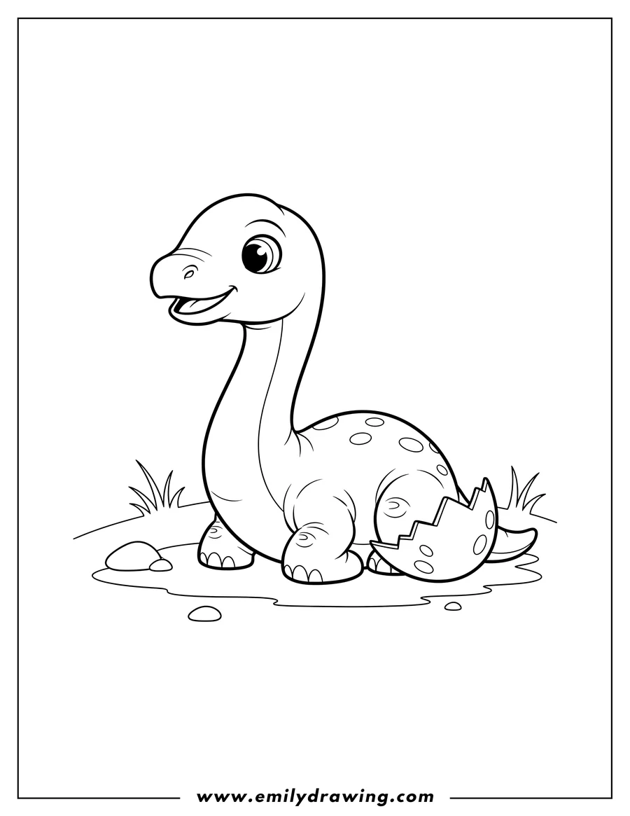 Black and white line art of newly Hatched Brachiosaurus lying down with its mouth slightly open