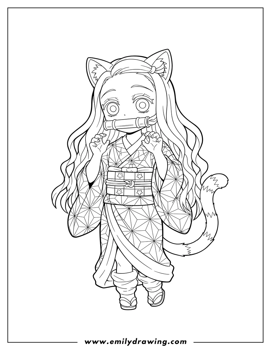 Outline drawing of cute Nezuko with cat ears, tail, bamboo mouthpiece, and playful raised hands