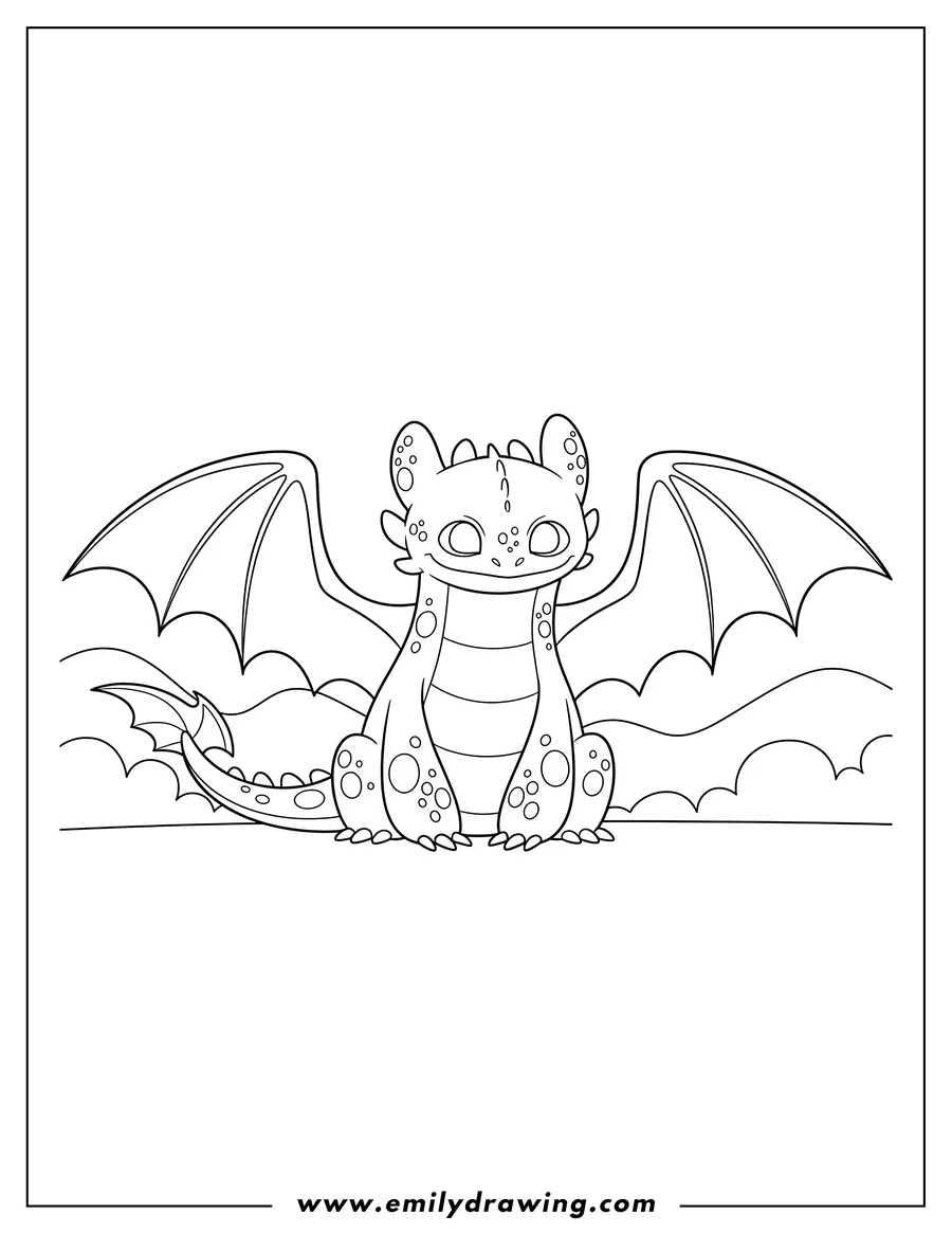 Free printable coloring sheet of night Fury Dragon sitting with wings spread