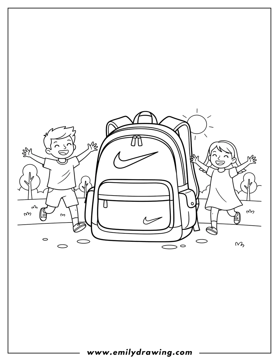Printable line art of nike School Backpack, with two happy children running towards it