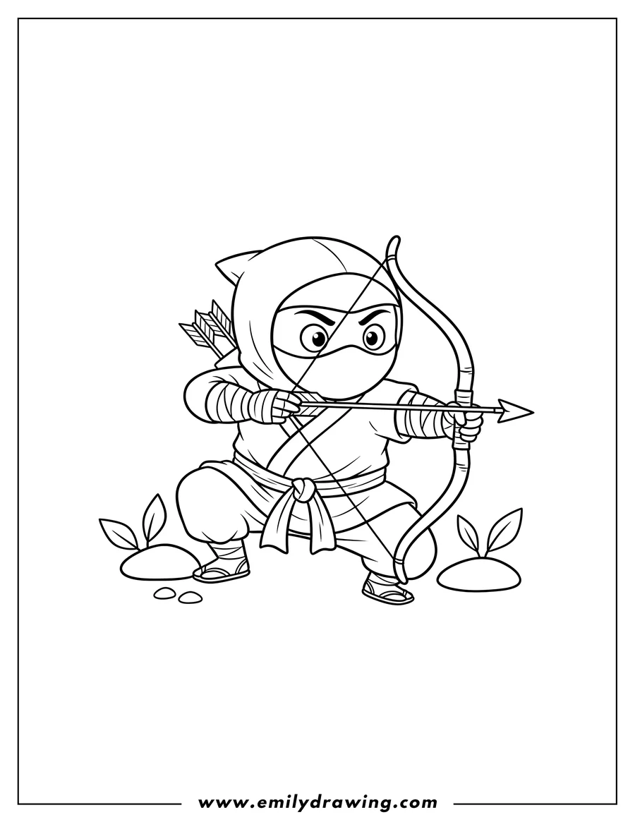 Printable coloring page of cute ninja crouching and aiming a bow and arrow