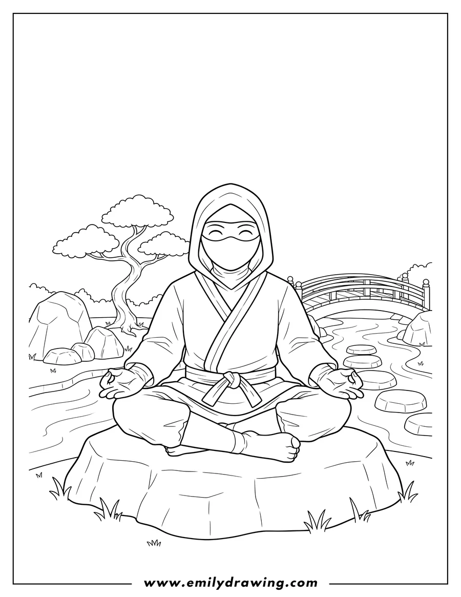 Free printable coloring sheet of ninja Meditating Japanese Garden, sitting cross-legged, wearing a full face mask