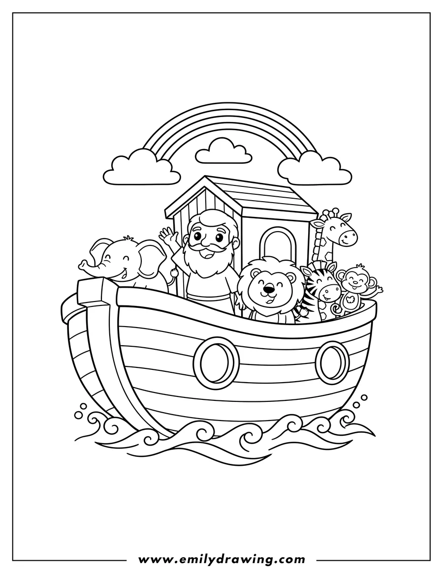 Printable coloring page of cute Noah S Ark Preschoolers, with Noah and various animals in pairs on the ark, floating on waves