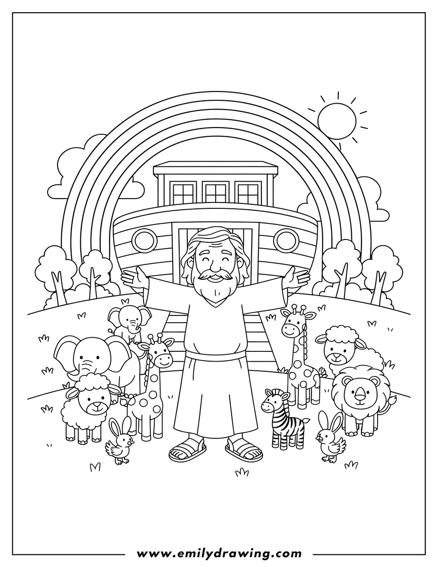 Coloring sheet featuring noah With Animals Outside Ark, Smiling with Open Arms under a Rainbow