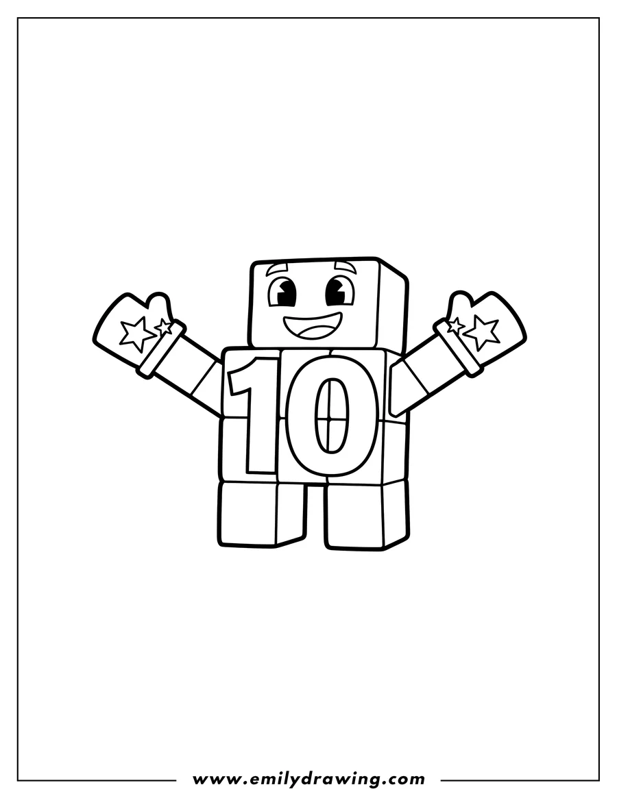 Printable line art of numberblocks 10 smiling with outstretched arms, wearing star-decorated gloves