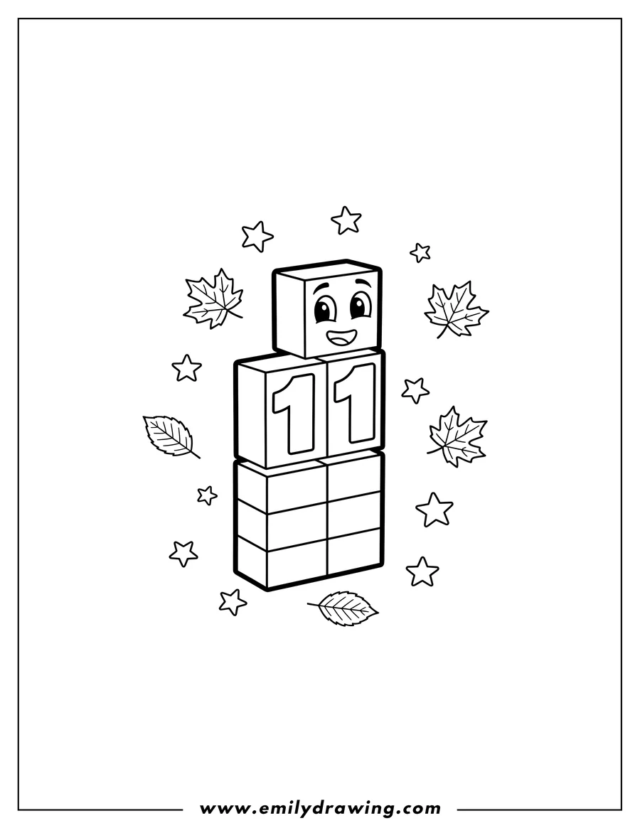 Vector style outline of numberblocks 11 smiling, with leaves and stars
