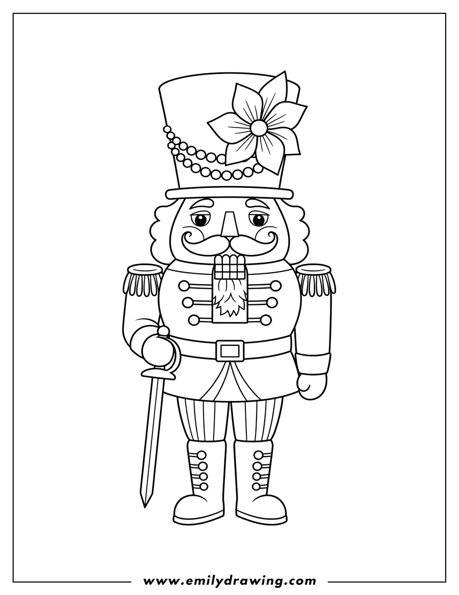 Black and white line art of cute Nutcracker standing in uniform with a mustache and a top hat adorned with a flower and beads