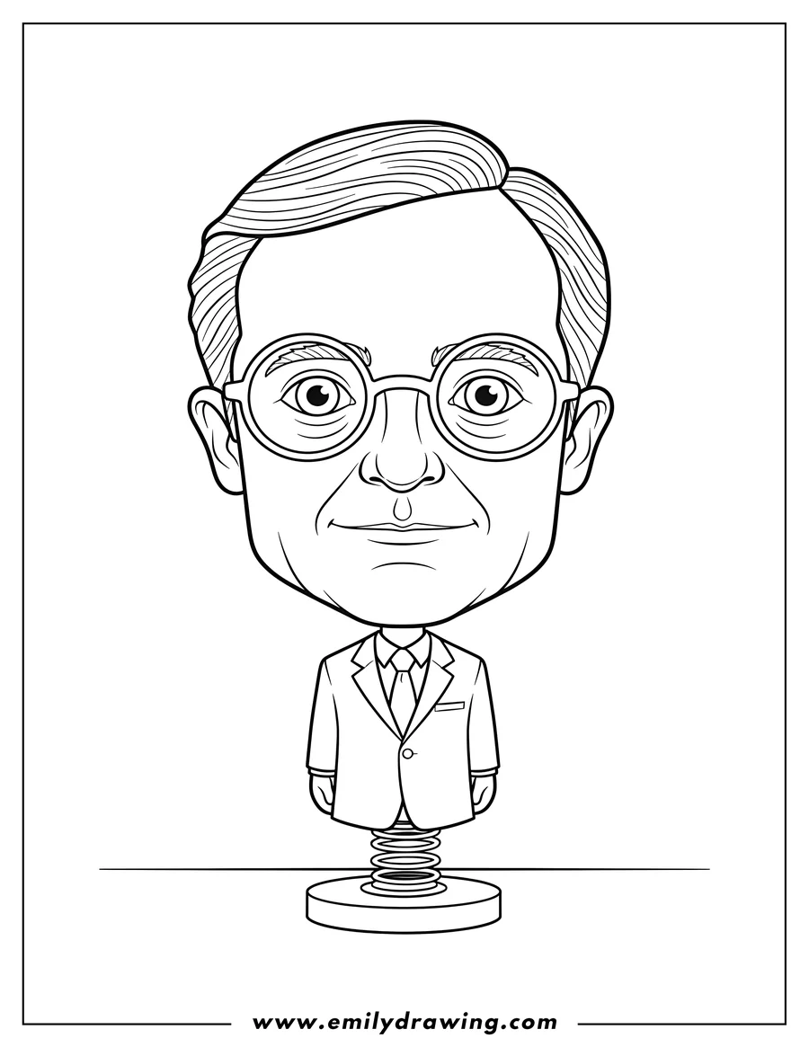 Clean line drawing: office Dwight Bubblehead with round glasses and suit