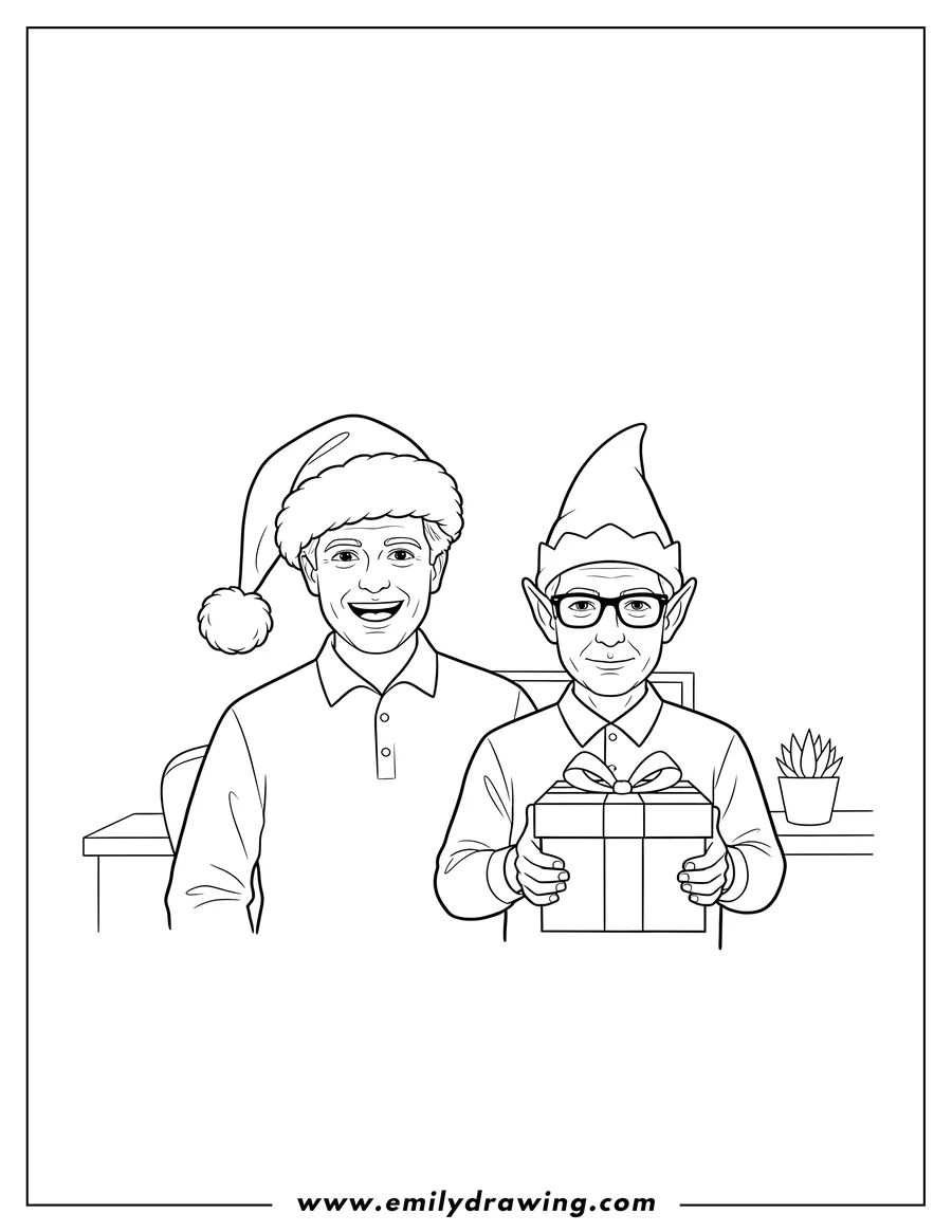 Doodle style coloring picture of office Michael in Santa hat and Dwight in elf hat with glasses and elf ears holding a gift