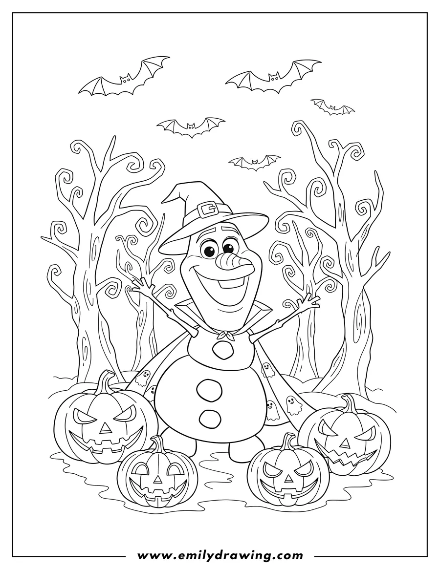 Free printable coloring sheet of disney Halloween Olaf smiling widely with outstretched arms in a spooky forest with Jack O Lanterns and flying bats