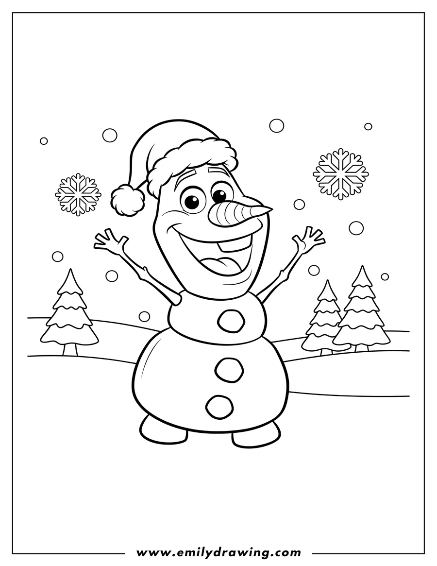 Printable line art of cute Olaf waving, wearing a Santa hat and a big smile, in a snowy Christmas landscape
