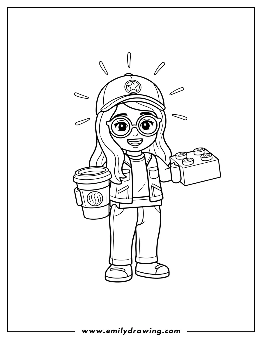 Downloadable coloring page of cute Lego Friends Olly smiling, wearing glasses and a hat, and holding a cup and a Lego brick