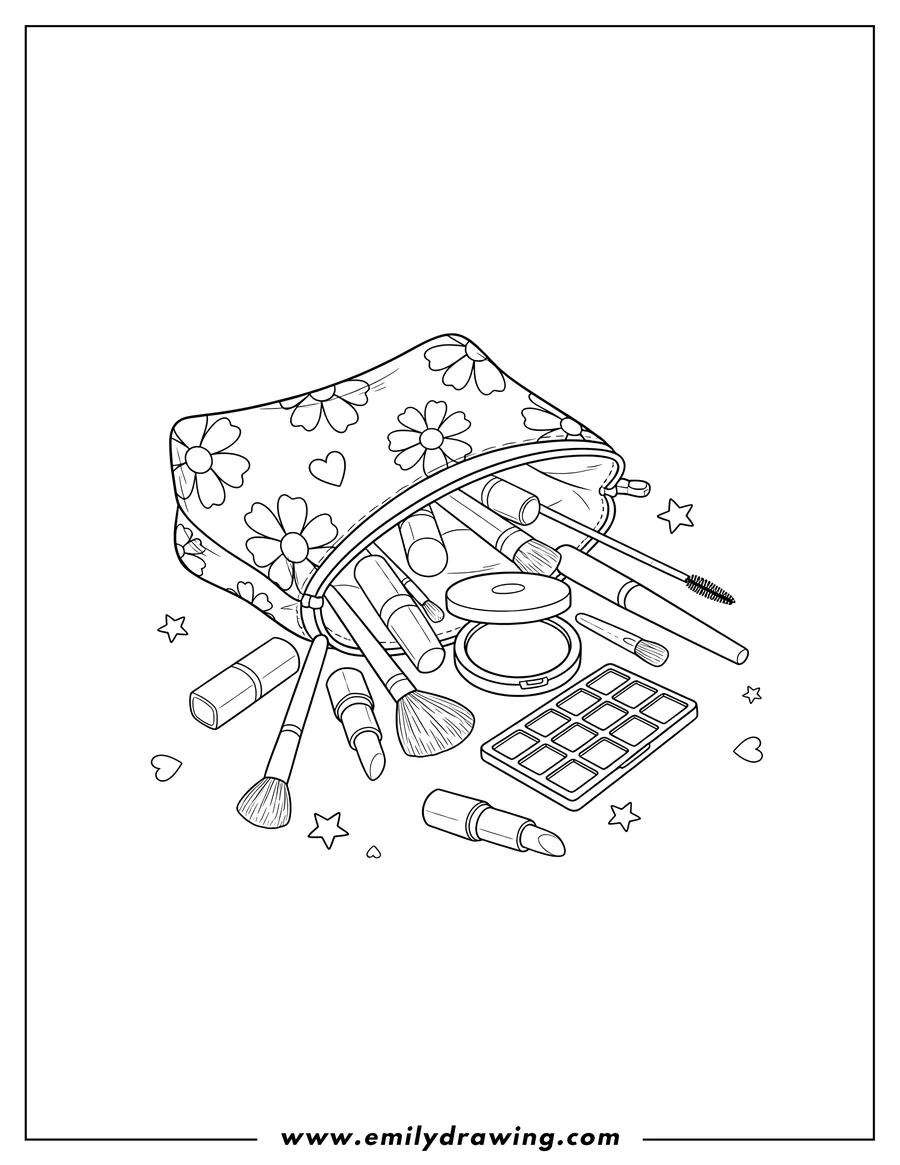 Outline drawing of open bag with a complete makeup set spilling out