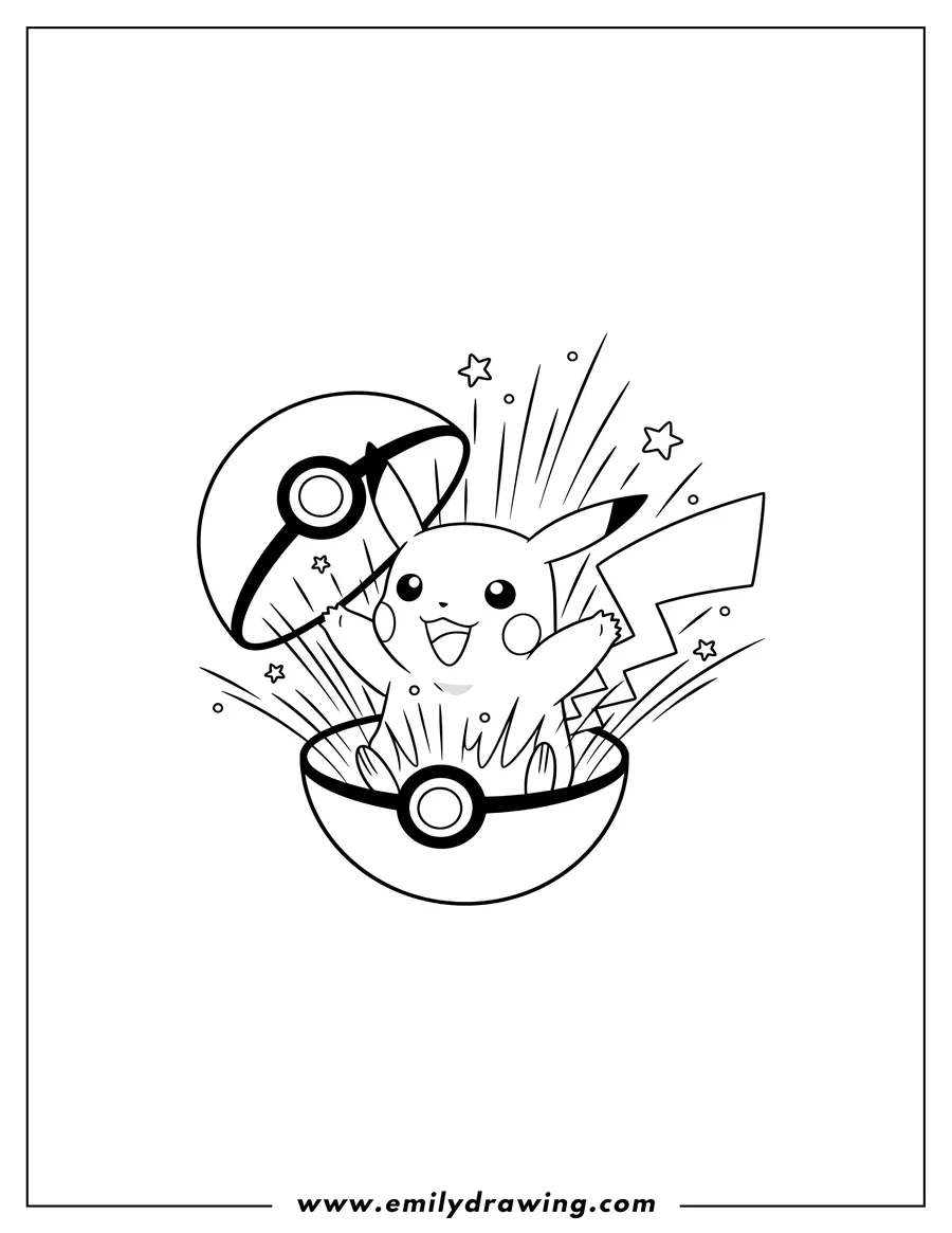 PDF style coloring page: open Pokeball bursting with light, releasing a Pokemon