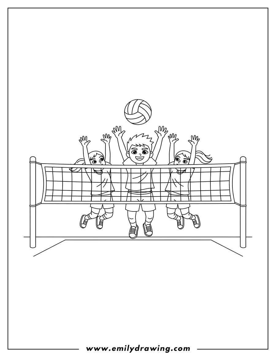 Full page coloring image of outline Volleyball Players Jumping to Block Ball Over Net
