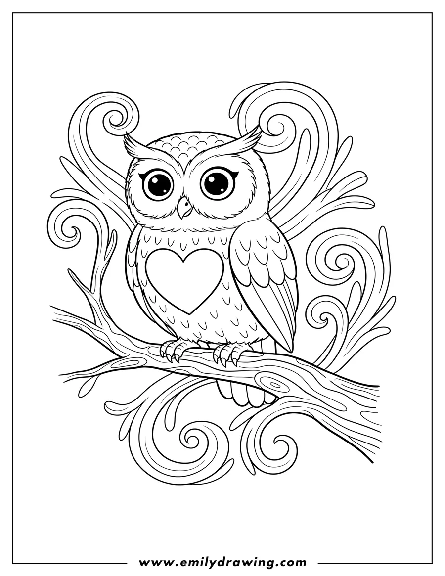 Black and white line art of owl With Heart On Its Chest Tattoo, perched on a branch, with decorative swirls