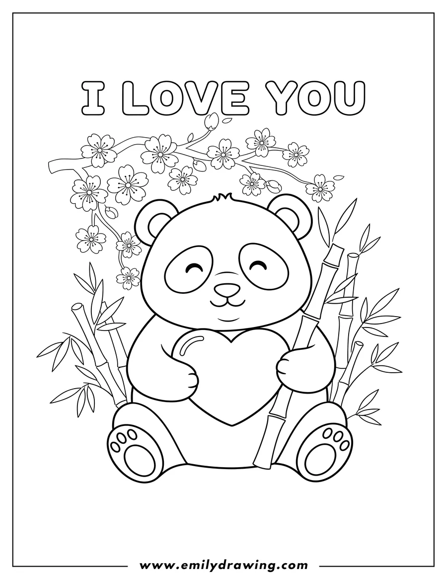 PDF style coloring page: A cute panda holding a heart and a bamboo stalk, with cherry blossoms, bamboo, and I LOVE YOU text