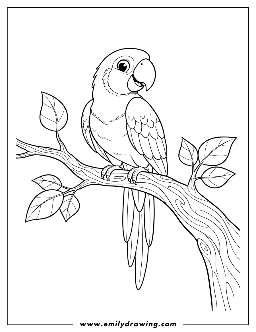Coloring page of parrot perched on a branch