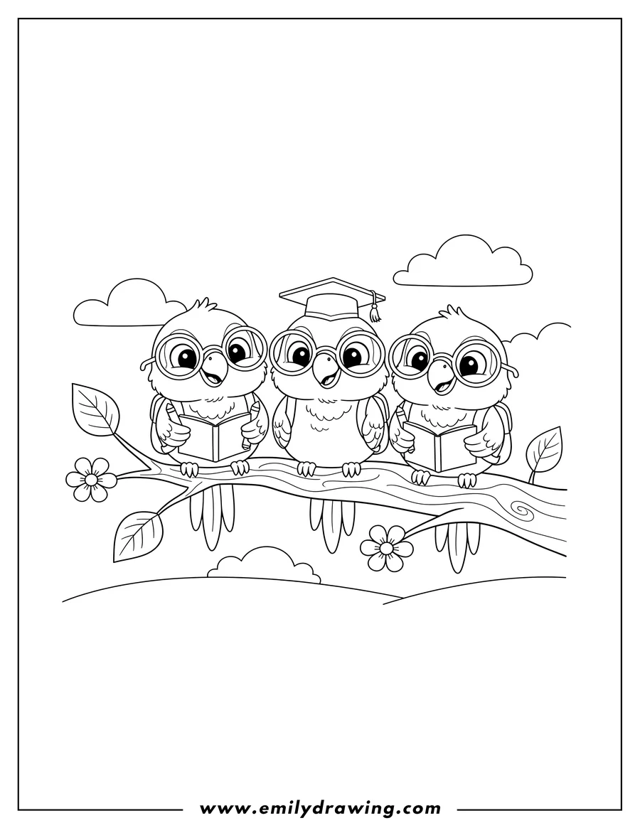 High quality printable cute Parrot Preschoolers, sitting on a tree branch with its beak slightly open for coloring