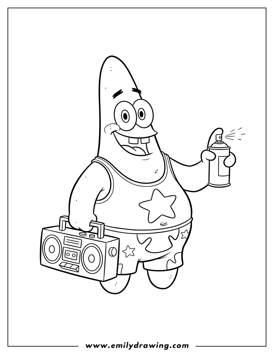 Coloring page for kids: patrick Star smiling, wearing a star tank top and shorts, holding a boombox and a spray paint can