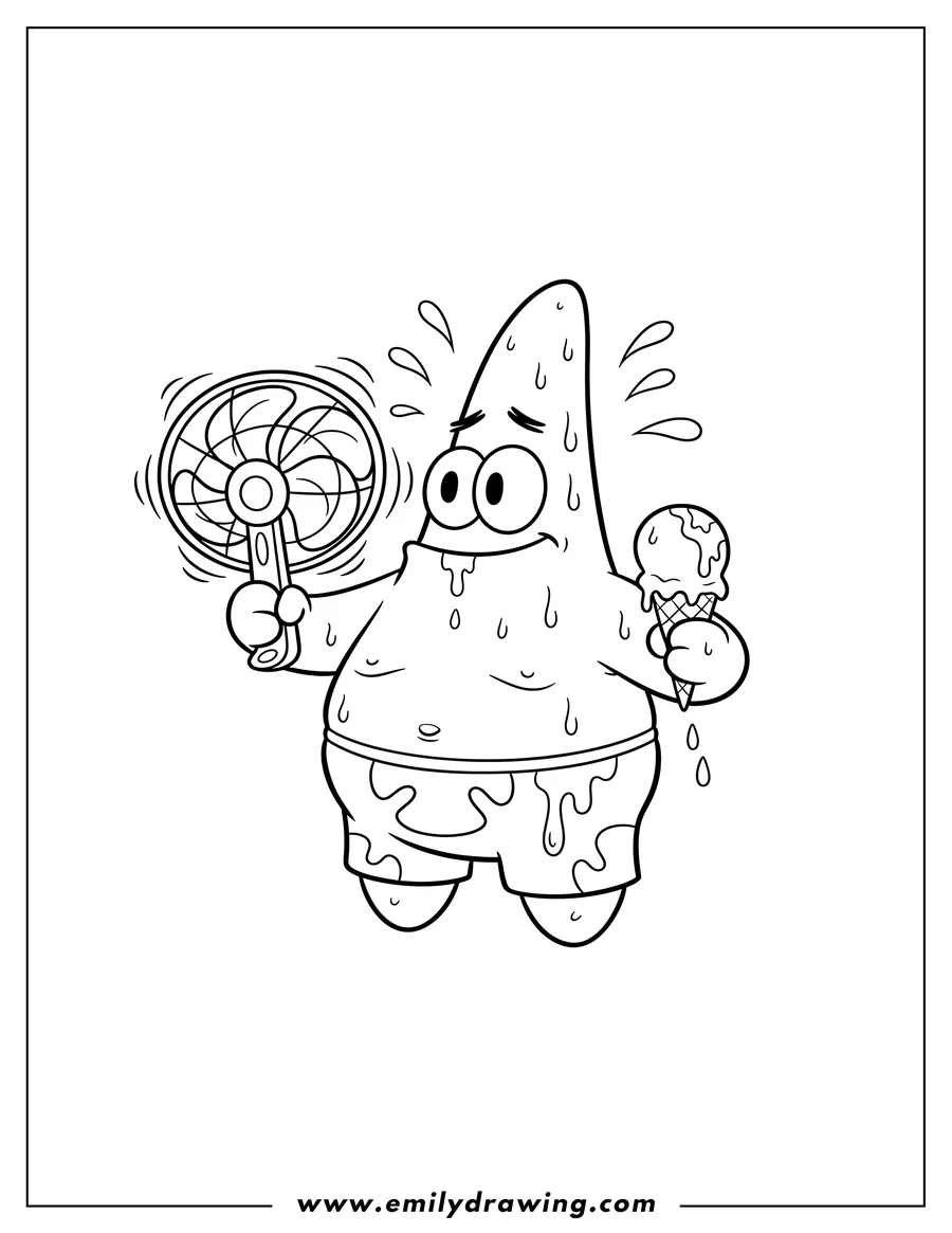 Coloring page for kids: cute Patrick Star sweating, holding a fan and an ice cream, with melted drips on his shorts