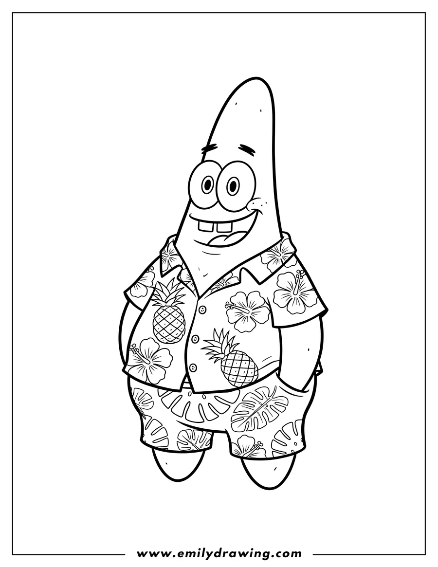 Coloring page of cute Patrick Star Hawaiian shirt, smiling with hands in pockets, wearing shorts