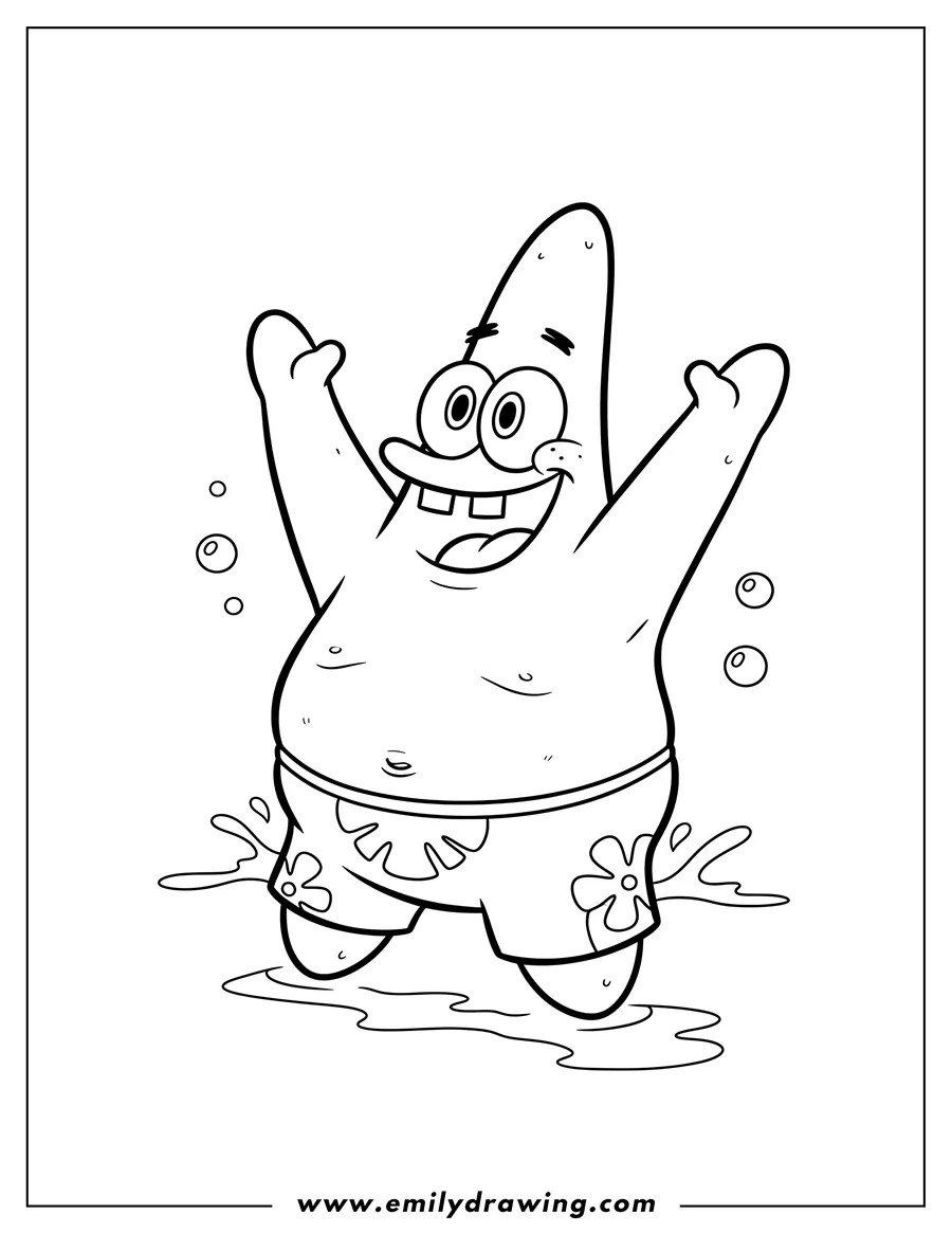 Printable line art of cute Patrick Star swimming with his arms up and mouth open