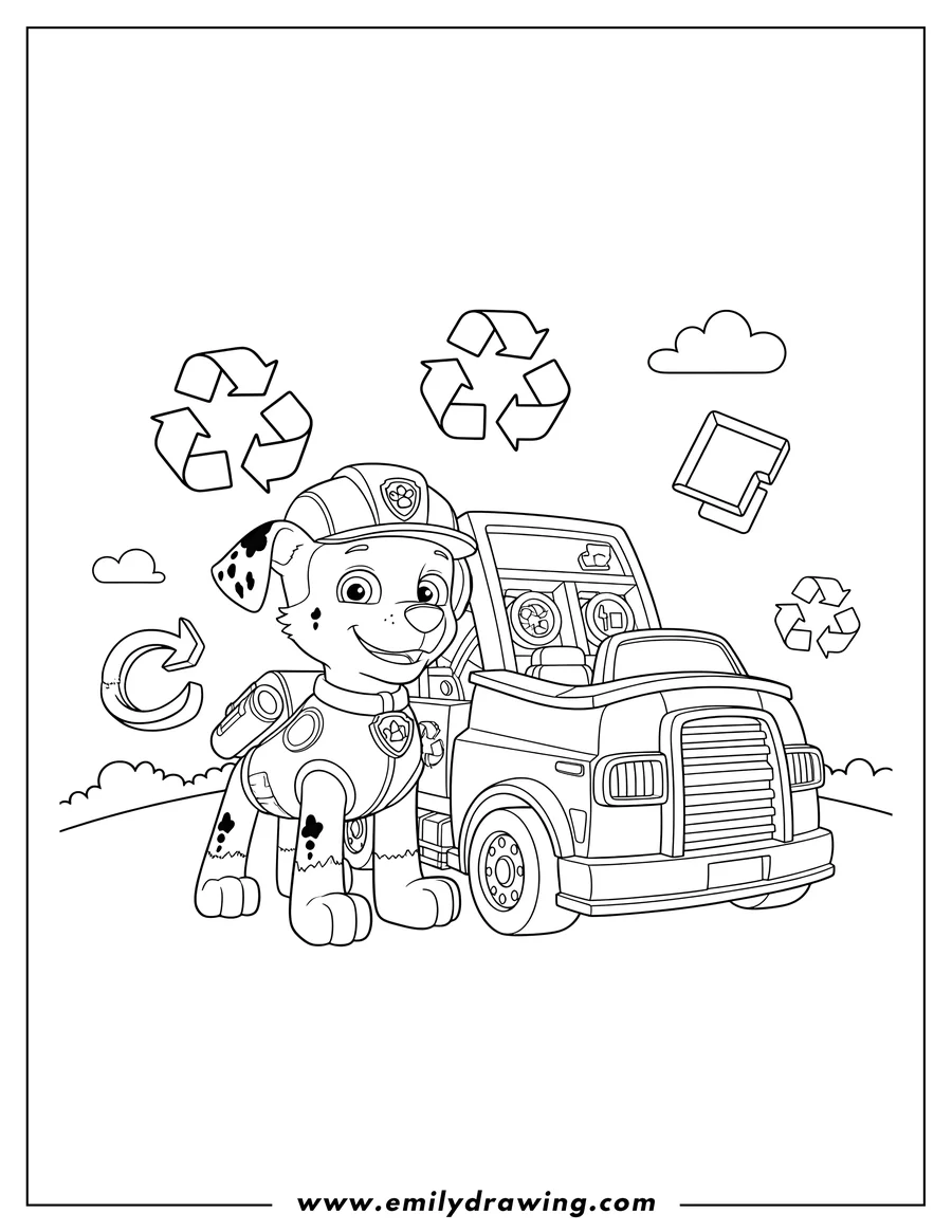 Free to print drawing of paw Patrol Rocky standing next to his recycling truck, with recycling symbols