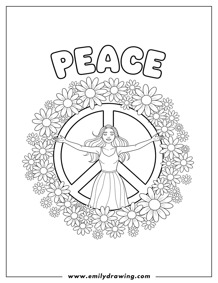 Free printable coloring sheet of peace word and symbol with a woman standing inside, surrounded by daisy flowers