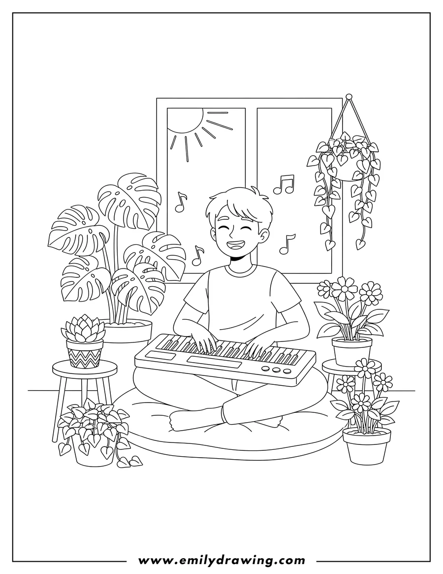 Printable line art of peaceful young person sitting cross-legged, playing a keyboard with eyes closed and smiling, surrounded by plants