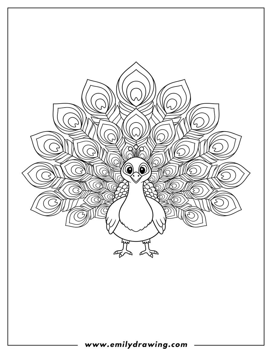 Clean line drawing: cute Peacock with fanned tail