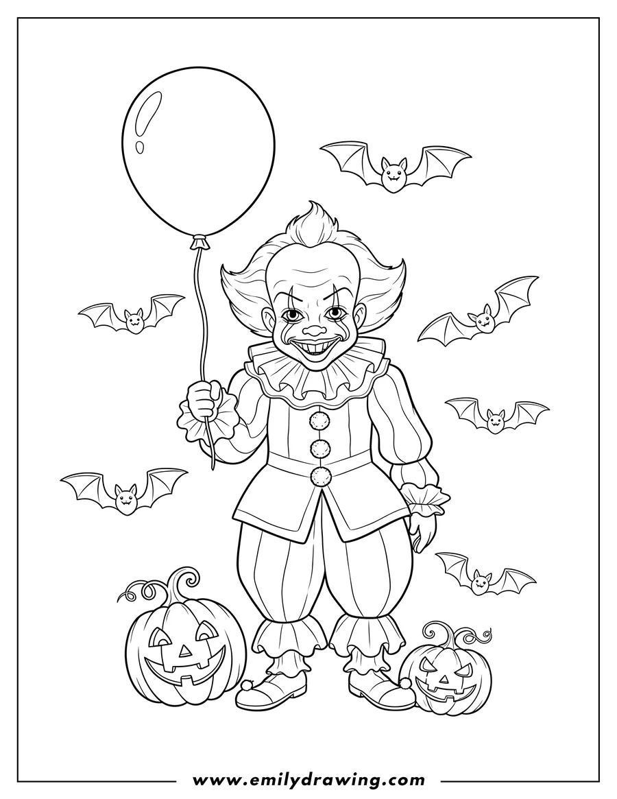 Clean line drawing: pennywise clown holding a balloon, with bats and jack-o'-lanterns