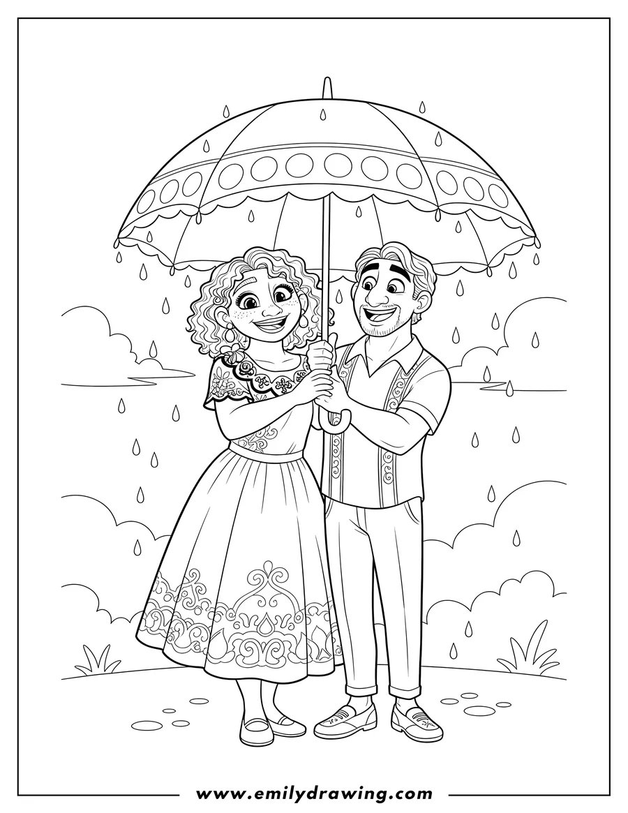 Outline drawing of detailed Outline Pepa And Felix sharing an umbrella, with Pepa smiling and Felix looking up happily