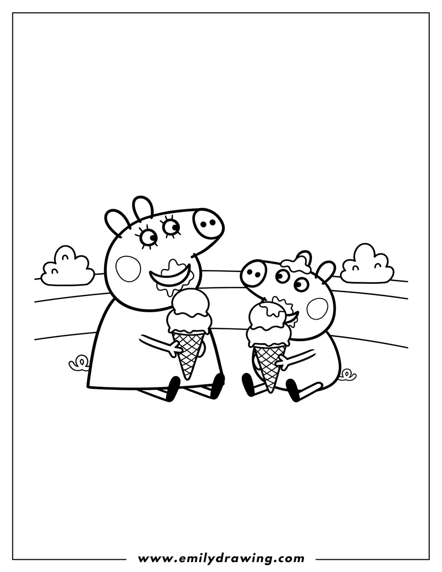Coloring page for kids: peppa Pig and George happily eating ice cream cones with ice cream on their faces, to color