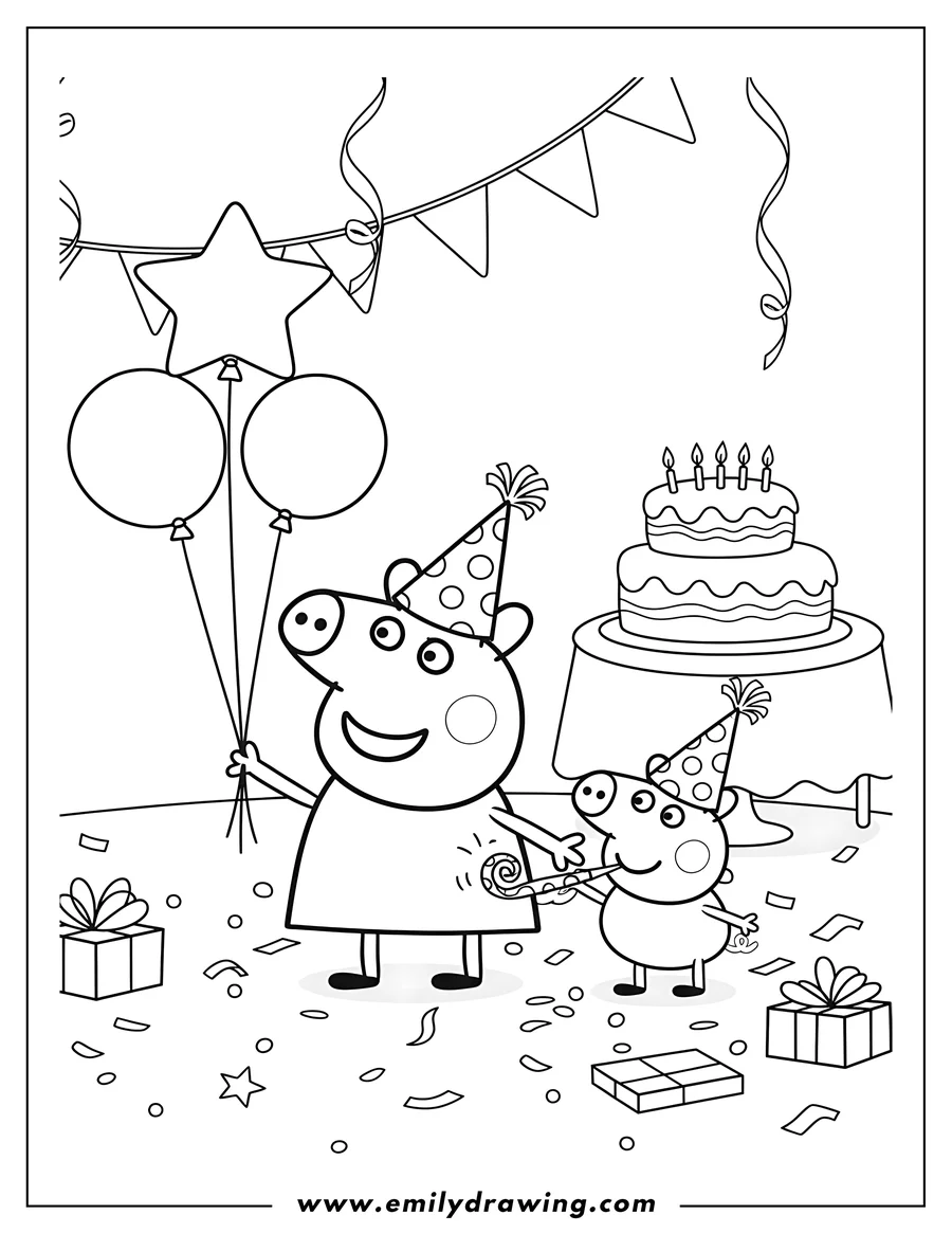 Printable coloring page of peppa and George having a party, wearing party hats, with Peppa holding balloons and George blowing a party blower