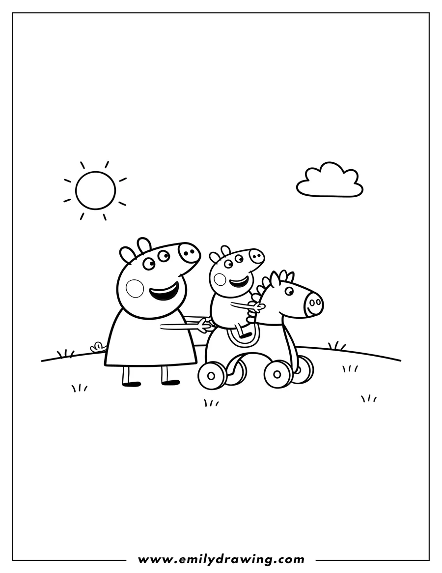Downloadable coloring page of peppa Pig and George Pig playing, with George riding a toy horse on wheels and Peppa pushing it