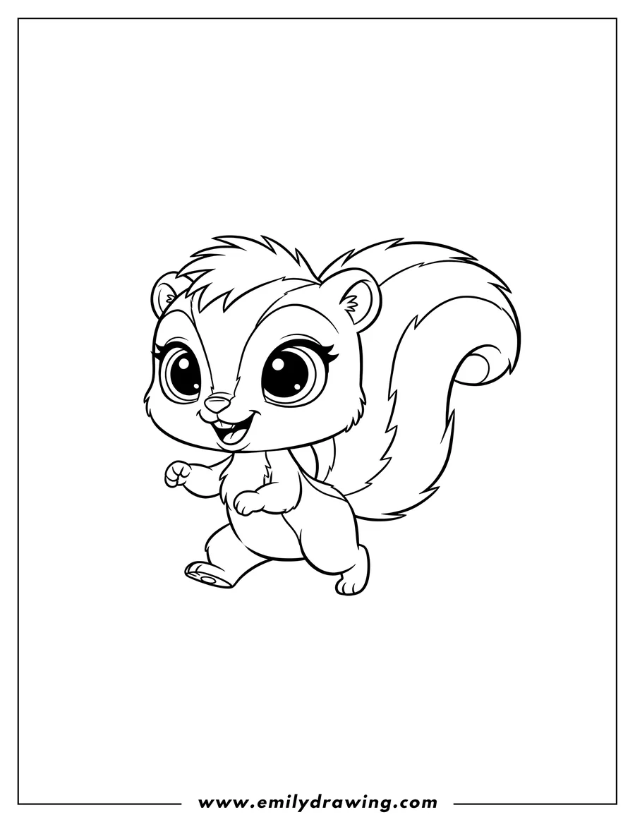 Printable line art of cute Pepper Clark Littlest Pet Shop skunk prancing with a happy expression