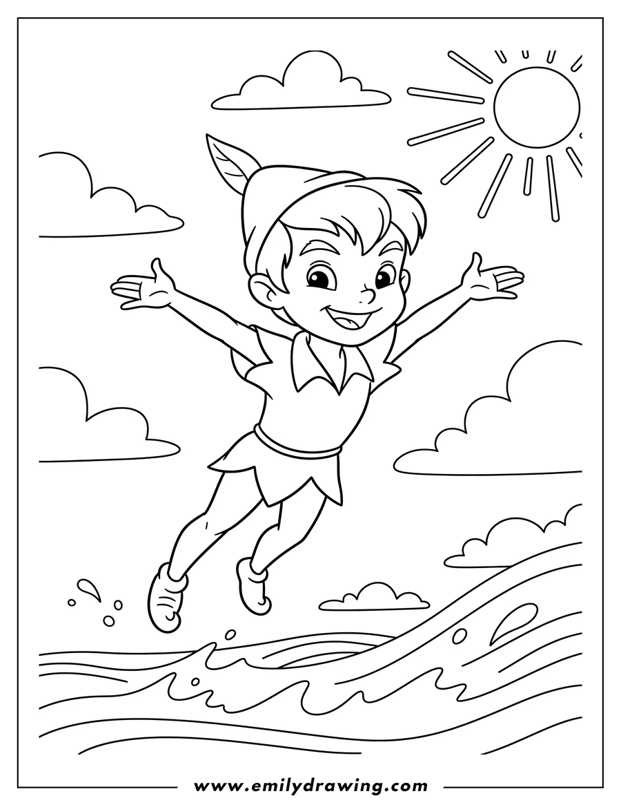 High quality printable cute Peter Pan flying over the ocean, smiling with arms and legs outstretched, wearing a leaf on his hat for coloring