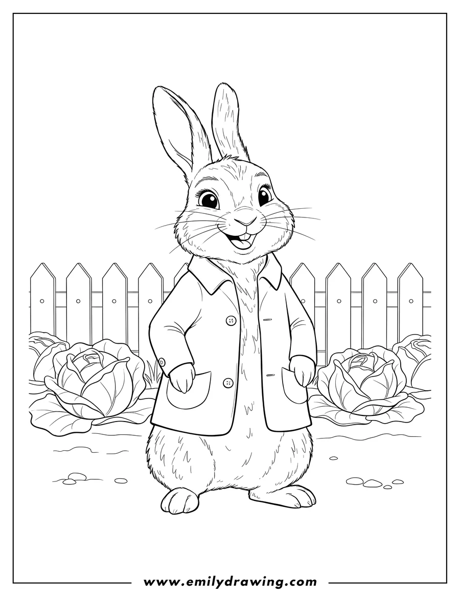 Simple sketch of peter Rabbit from the movies, smiling in his blue jacket to color