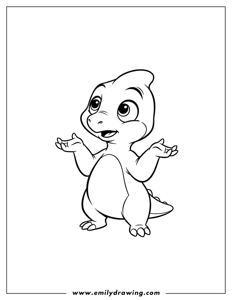 Full page coloring image of cute Petrie shrugging with wide, upturned eyes and open wing-hands, coloring page for preschoolers